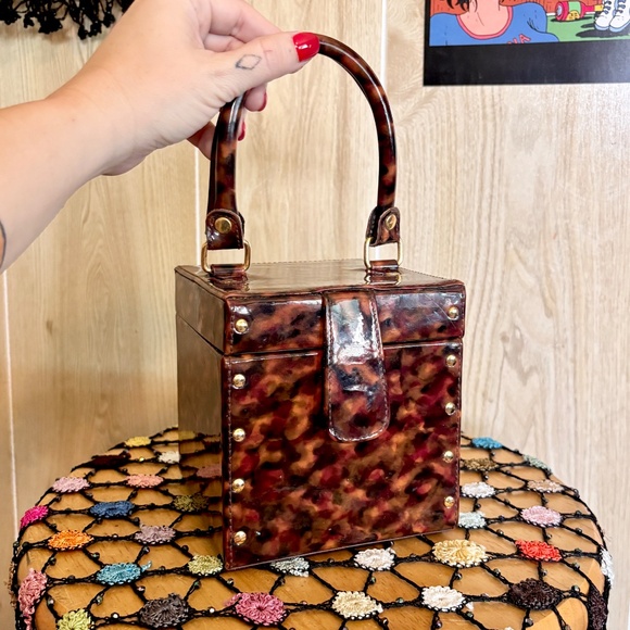 Vintage Hard Tortoise Shell Cosmetic Mirror Box Hand Bag 90s 2000s - Picture 6 of 8